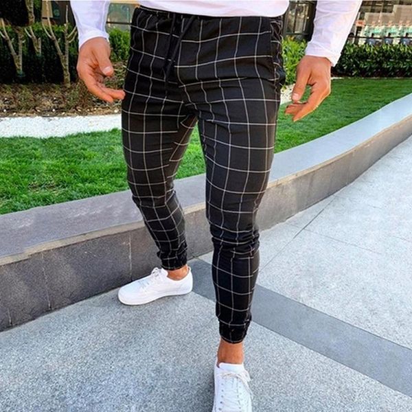 

men's pants 2021 high wasit spring summer fashion pocket slim fit plaid straight leg trousers casual pencil jogger, Black