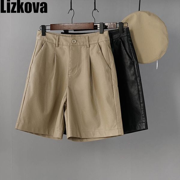 

lizkova leather cargo pants women black high waist short trousers autumn vintage knee length pants western style streetwear 210319, Black;white