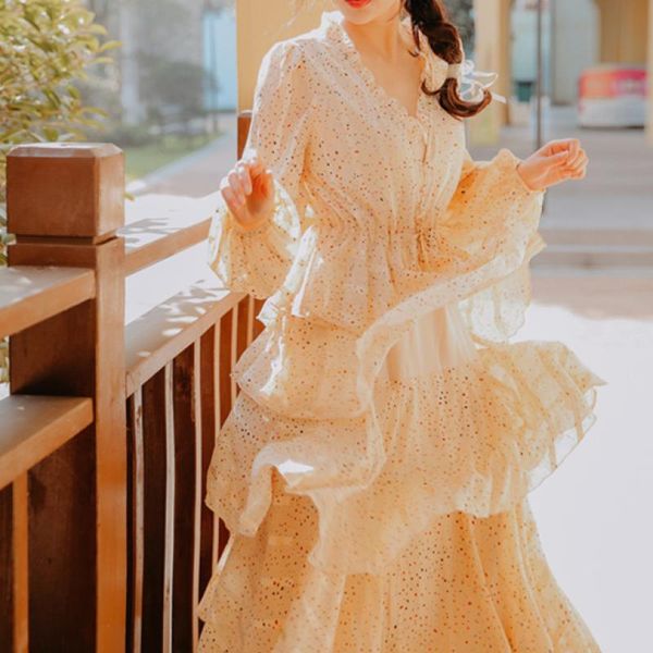 

casual dresses yamdi boho 2021 spring summer a-line vintage party maxi women luxury cake dress long sleeve runway elegant polka dot, Black;gray