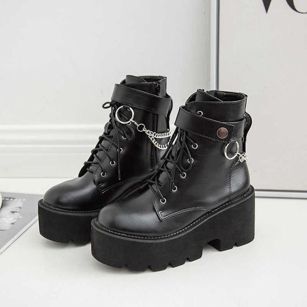 

boots 2021 fashion net red thick bottom waterproof platform muffin heel lace up short chain high women's, Black