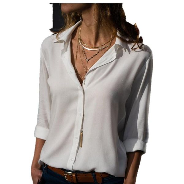 

women's blouses & shirts oufisun 2021 summer women deep v-neck casual chiffon shirt solid color long sleeve button elegant ladies, White