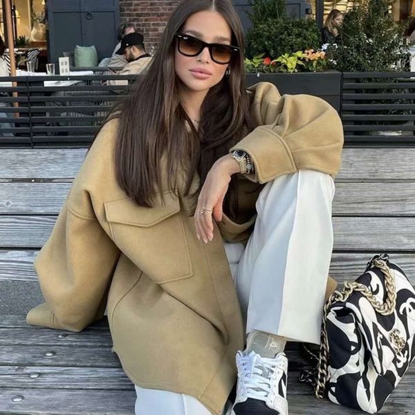 

autumn winter lapel single breasted loose large light camel tweed coat for women with style shirt, Black;brown