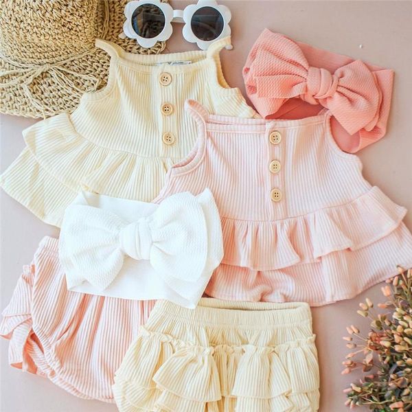 

0-18m born ruffled outfits baby girl clothes cute sleeveless solid color boat neck spaghetti strap button tank+shorts clothing sets, White