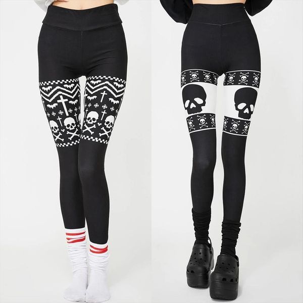 

qickitout 12% spandex fitness womens legging black solid color skull print punk pants strength workout gym trousers