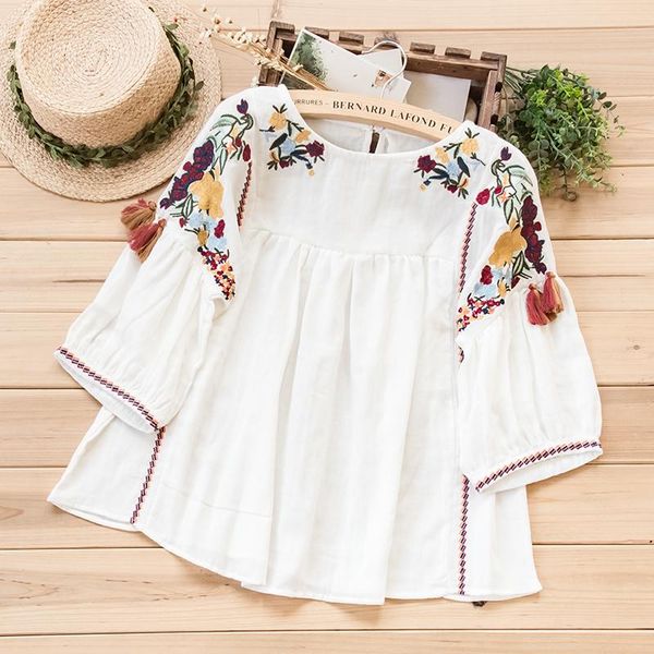 

women's blouses & shirts embroidered round neck fashion shirt female 2021 summer cotton and three quarter sleeve, White