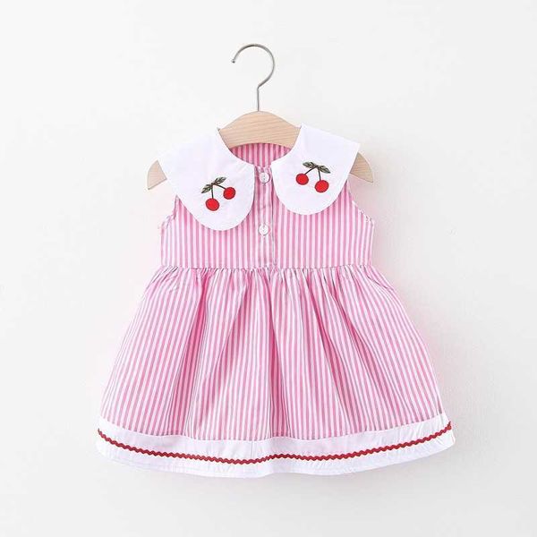 

little girl's sleeveless striped princess dress, cherry embroidery baby collar dress, summer novelty, Red;yellow