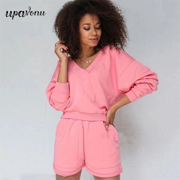 

casual shorts set summer women's long sleeve loose pullover short sweater & solid color two-piece 210524, White