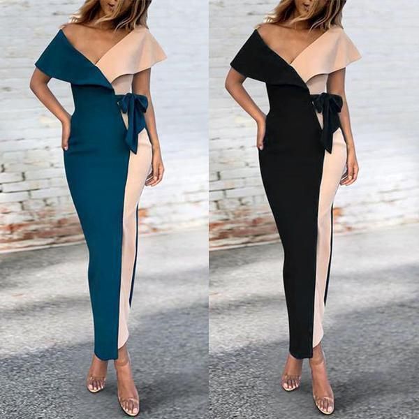 

summer off-shoulder ruffle night gown for women long patchwork elegant dresses casual, Black;gray