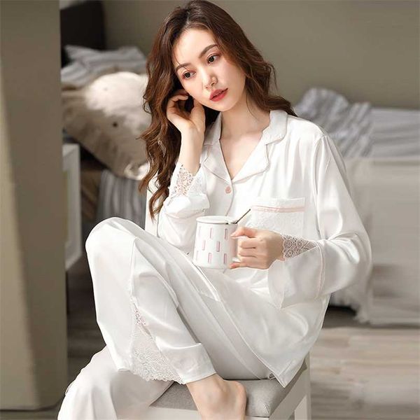 Frauen Eis Seide Pyjamas Frühling Weiße Schlafzimmer Nachtwäsche PJs Spitze Rand Pijama Feminino Mujer Dormir Hause Kleidung Satin Pyjama Femme 211112