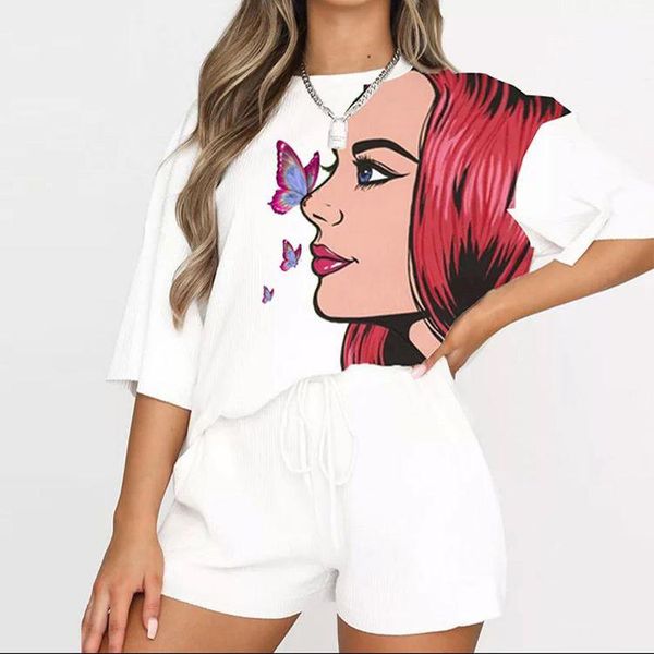 

women's tracksuits summer comfortable printing cotton commuter temperament waist sweet short-sleeved pullover two-piece suit round neck, Gray