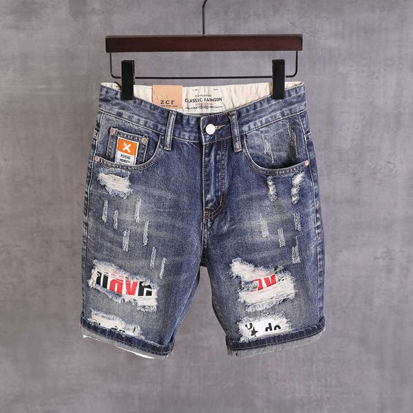 

men's jeans summer street style fashion retro blue destroyed patches designer ripped short hip hop punk denim shorts wif7