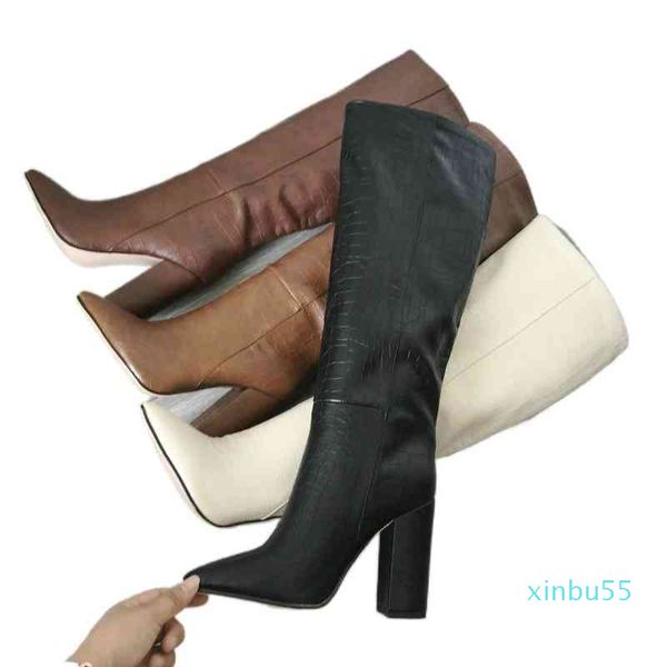 

vegan leather ladies knee high boots female women shoes heels chunky designer autumn winter, Black