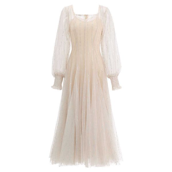 

perhaps u women's mesh sequined dress apricot blue square collar lantern long sleeve midi dress d2607 210529, Black;gray