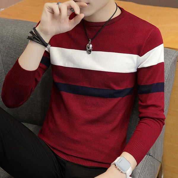 

Men's Sweaters 2021 Autumn Stripes Sweater Youth Round Neck Thin Cotton Knitwear, White;black
