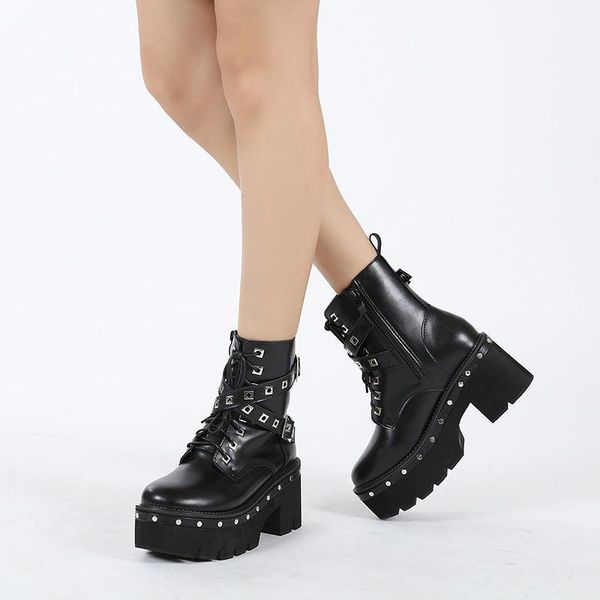 

boots punk style platform women ankle women's motorcycle boot fashion ladies chunky shoes metal decor black big size 41 42 43