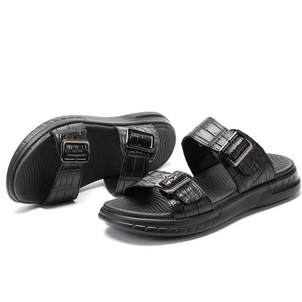 

sandals ourui crocodile men's shoes genuine leather men slippers male wear outside, Black