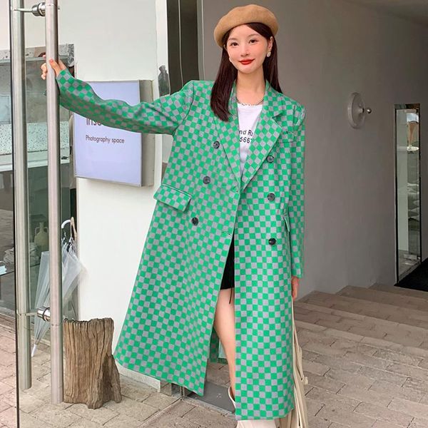 

women's trench coats superaen mid-length blazer autumn 2021 loose retro notched double breasted plaid coat winter women clothes, Tan;black