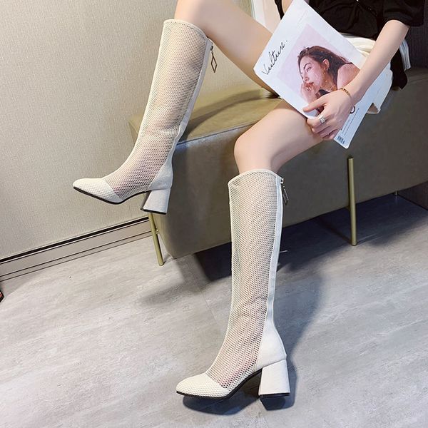 

shoes women knee high mesh sandals boots mid heel woman gladiator shoes summer boot hollow out black for beige jt1b