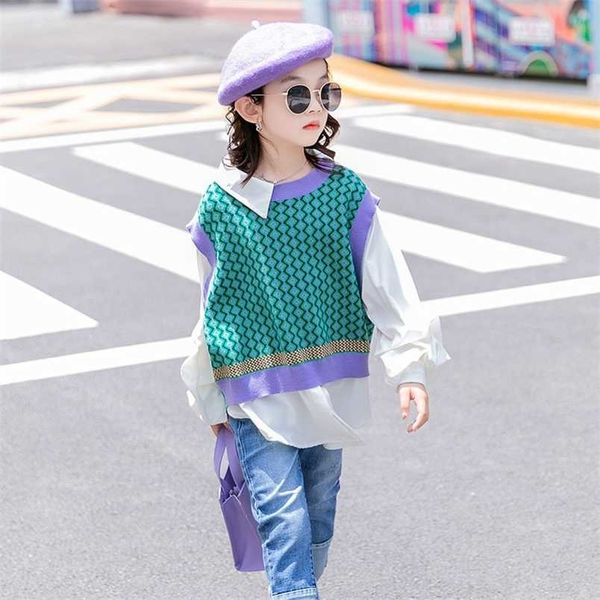 

girls spring autumn sweater 10 to 12 years fashion fake two-piece pullover teen 211201, Blue