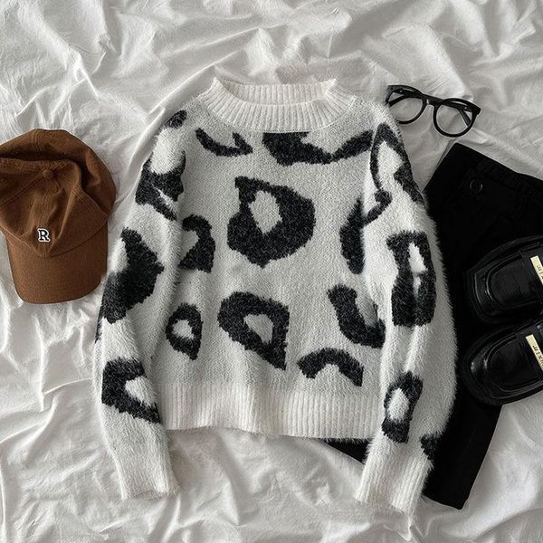 

women's sweaters vintage white leopard short pullover sweater women fall winter korean fashion elastic knitted jumper female oversized, White;black