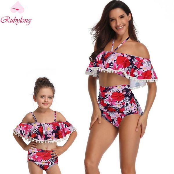 

one-piece suits family matching bikinis swimsuit mother daughter clothes outfits high waist swimwear print beachwear parent child bathing su