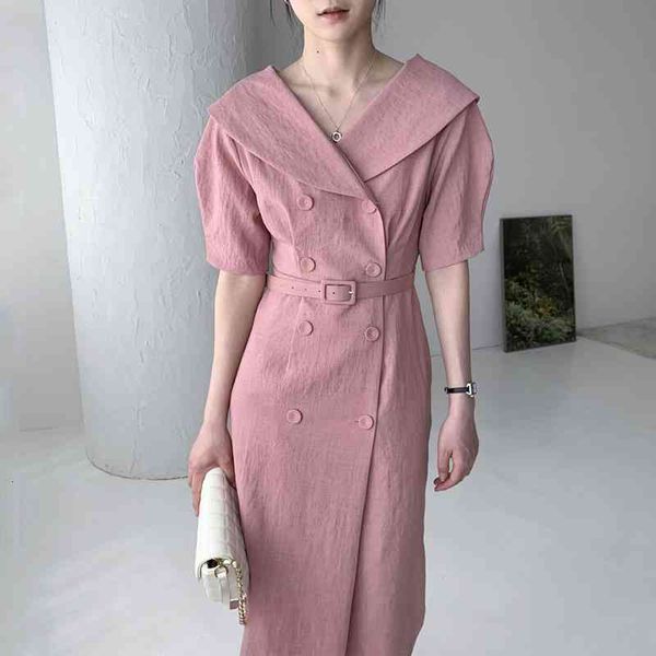 

casual dresses korean chic summer french temperament lapel pleated slim double-breasted mid-length short-sleeved dress with belt g, Black;gray