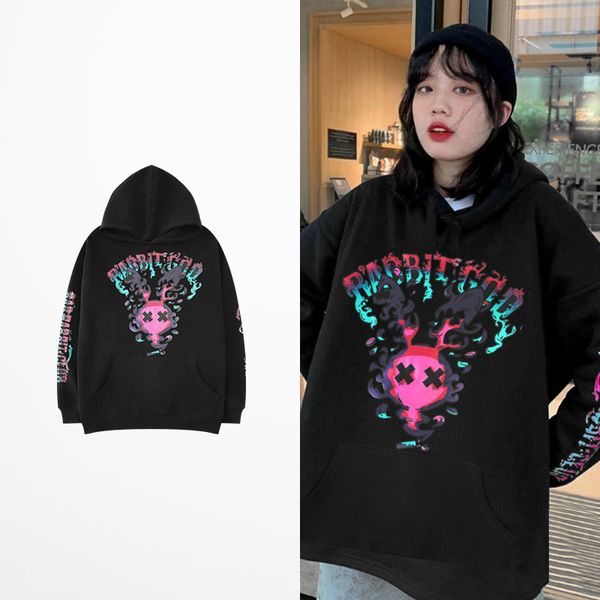 

winter funny fashions hip hop men's skate high street cartoons rabbit print harajuku retro kanye west hoodies, Black
