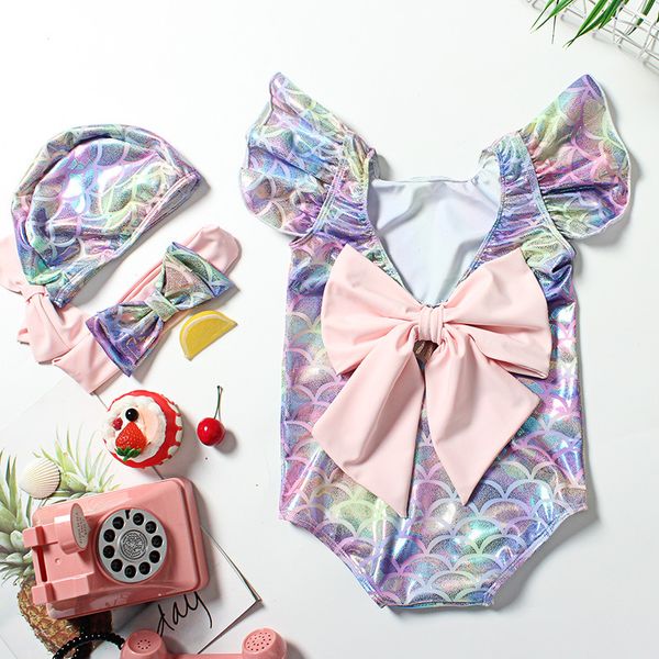 

2021 girls bowknot mermaid scale swimsuit one-piece kids girls bathing suits lovely beach swimwear upf 50+by air