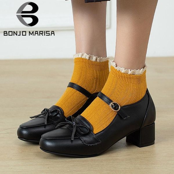 

female fashion bowknot med heel pumps buckle strap sewing marry janes stylish sweet janpanese shoes woman dress, Black