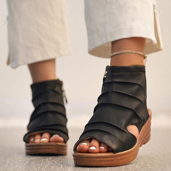 

dress shoes mid-heels women sandals summer 2021 classics zipper casual ladies wedges solid color open toe footwear designer, Black