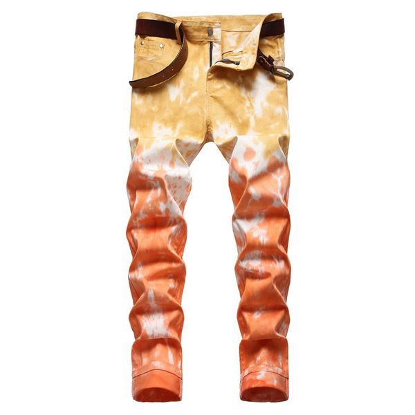 

men's jeans men tie and dye stretch denim fashion fancy color slim straight pants trendy trousers, Blue