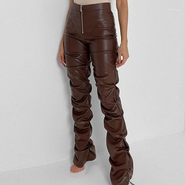 

women's pants & capris high waist solid color women windproof zipper closure pleated faux leather ladies clothing, Black;white