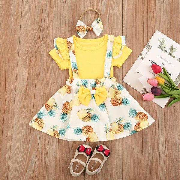 

clothing sets 3pcs baby summer outfits, o-neck short sleeves t-shirt + pineapple print overalls skirt hair band suit for girls, White