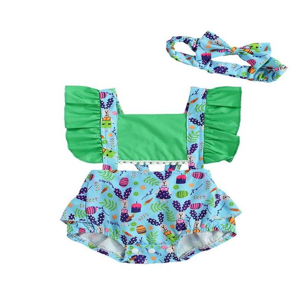 

0-18m toddler baby girls romper, born's fashion pattern cartoon printing ruffled sleeve garment sweet hair band clothing sets, White