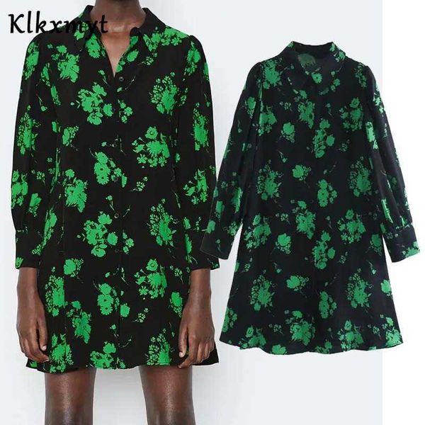 

klkxmyt za dress women chic fashion print shirts mini vintage long sleeve button-up female es vestidos mujer 210527, Black;gray