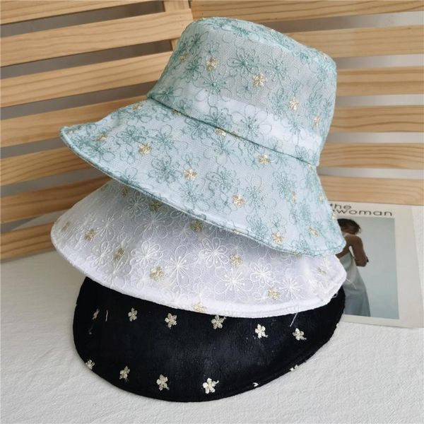 

wide brim hats bucket hat women's lace thin embroidery japanese sun protection summer hollow breathable, Blue;gray
