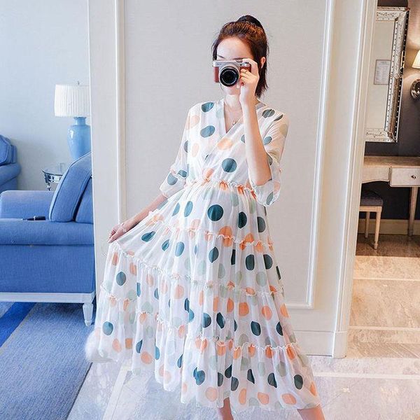 

elegant maturnity summer pregnancy clothes chiffon long dress maternity robes polka dot korean fashion women party dresses, White