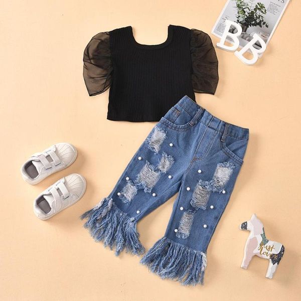

clothing sets girl clothes fashion girls black lace short sleeve t-shirt + hole decor denim pants 2pcs suits ruched outfits, White