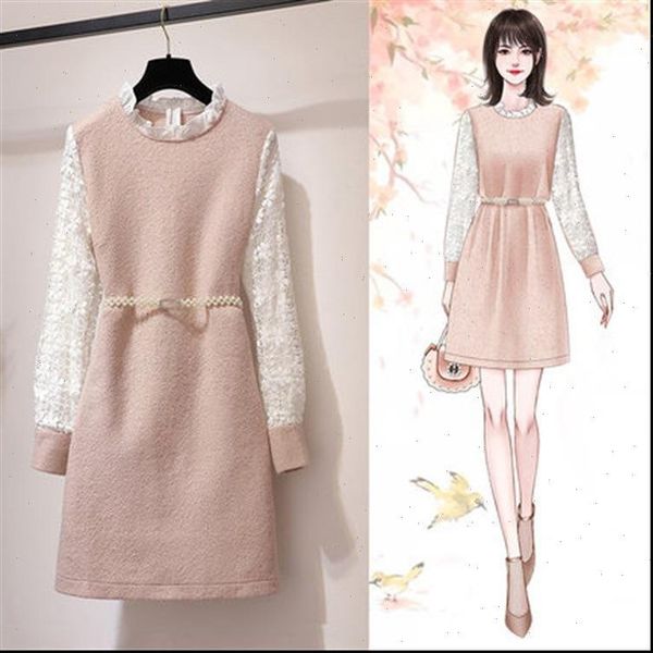 

woolen winter lace sleeve womens dress elegant pink casual midi pearl belt cute long korean dresses, Black;gray