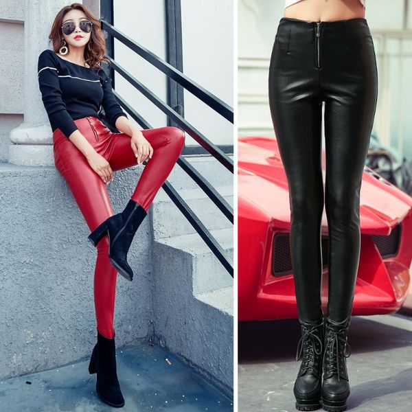 

women's pants & capris 2021 winter black/white/red fleece leggings faux leather skinny pu pencil casual with zipper trousers women