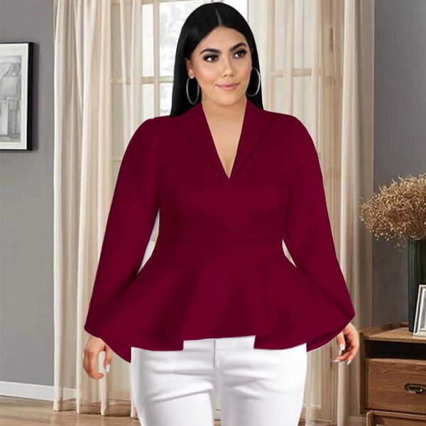 

plus size women v neck long sleeve peplum high waist autumn winter fashion blouses xxxl office lady daily party blouse, Black
