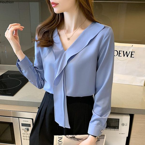 

women's blouses & shirts summer women's v-neck shirt long sleeve solid color satin casual fashion loose, White