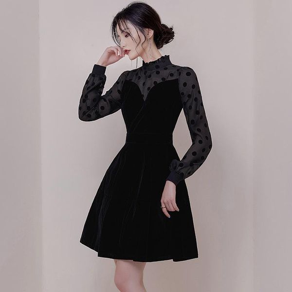 

casual dresses women corset long sleeve black dress solid modis streetwear autumn winter plus size print polka dot, Black;gray