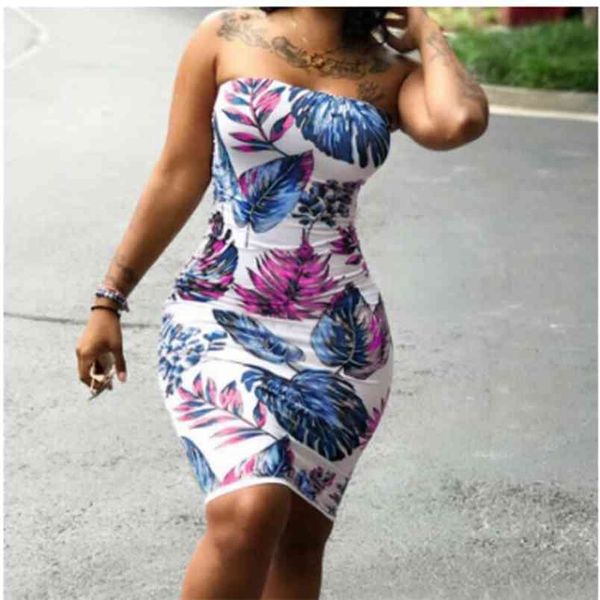

women dress summer sleeveless floral print strapless bodycon party cocktail plus size wrap chest bag hip s-3xl clubwear 210522, Black;gray