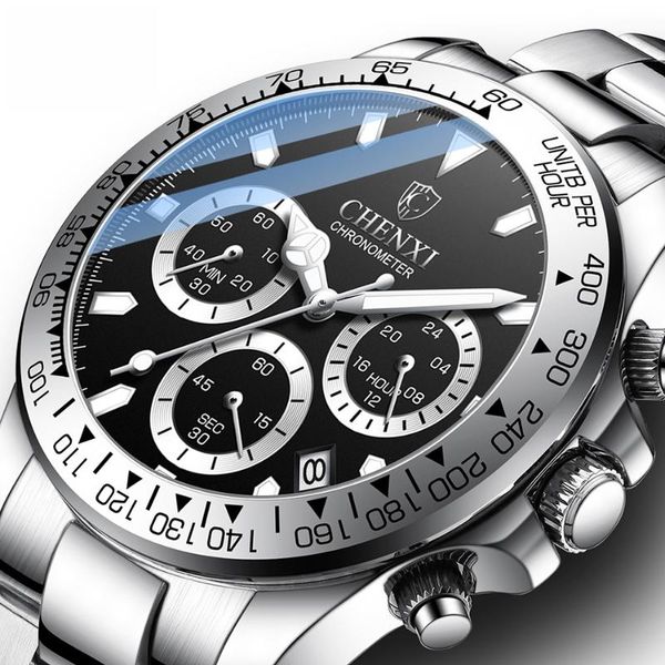 

wristwatches chenxi brand men sport watch chronograph black silver stainless steel water resistance men's wristwatch mulit function cal, Slivery;brown
