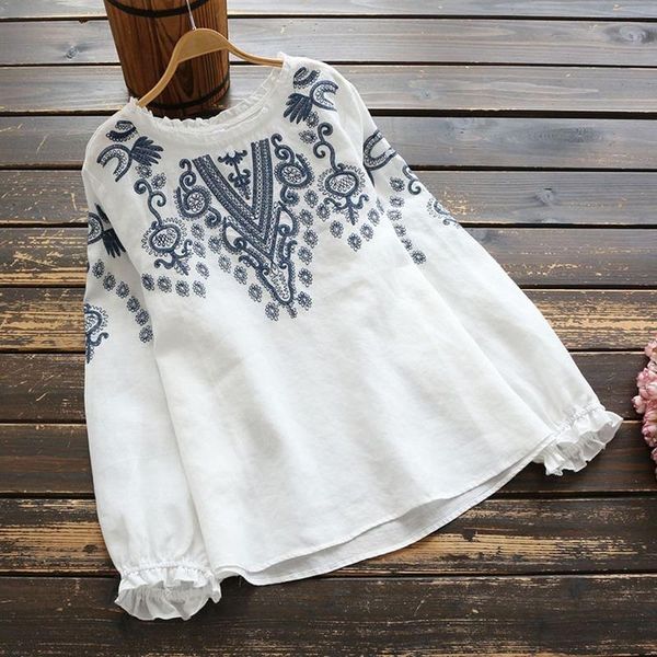 

women's blouses & shirts cotton linen spring long sleeve ruffles women vintage embroidery blouse casual o neck blusas femininas shirt, White
