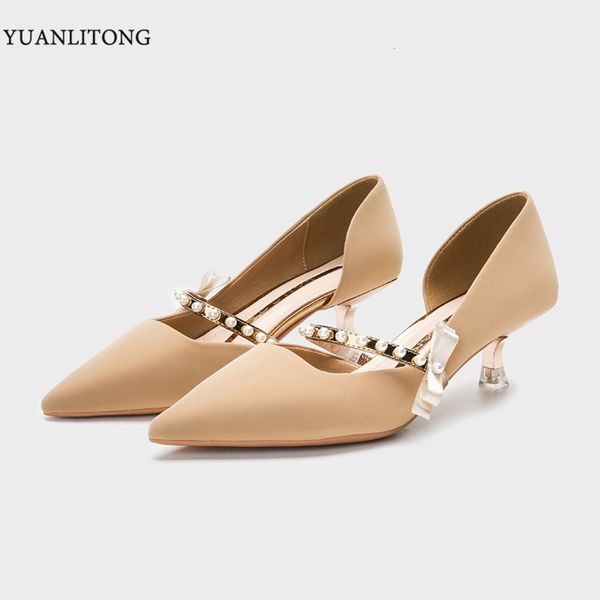 

spring pearl high heeled sho women french pointed single elegant bow side empty, Black