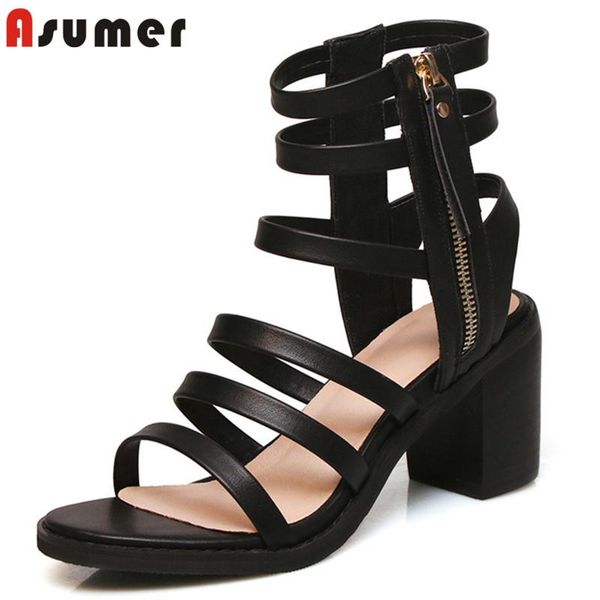 

sandals asumer 2021 big size 42 women genuine leather shoes hollow out square heel summer gladiator ladies casual, Black