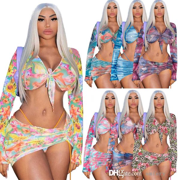 Womens Three Piece Set Abiti Summer Designer Fashion Stampa sexy Irregolare Coulisse Manica lunga Gonna corta Fasciatura Hip Avvolto Abito Nightclub Abbigliamento a01