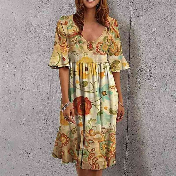 

summer boho floral print women dress short sleeve knee length loose a line beach robe femme vestidos, Black;gray